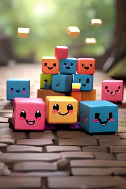 Gratis foto Leuke kleurrijke kubussen die op de grond springen en glimlachen terwijl hun armen en benen uithangen