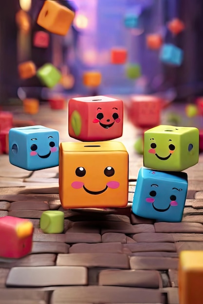 Gratis foto Leuke kleurrijke kubussen die op de grond springen en glimlachen terwijl hun armen en benen uithangen