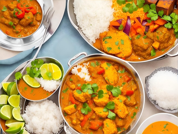 Gratis foto massaman curry met rijst in een koekenpan met kruiden op de cementvloer