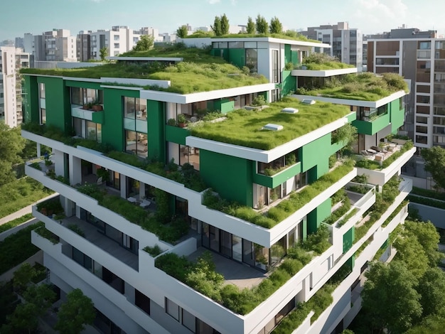 Gratis foto moderne woonwijk met groendak en balkon gegenereerd door ai