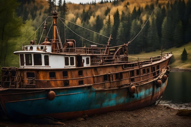 Gratis foto oude roestige vissersboot op de helling langs de oever van het meer