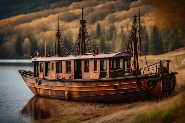 Gratis foto oude roestige vissersboot op de helling langs de oever van het meer