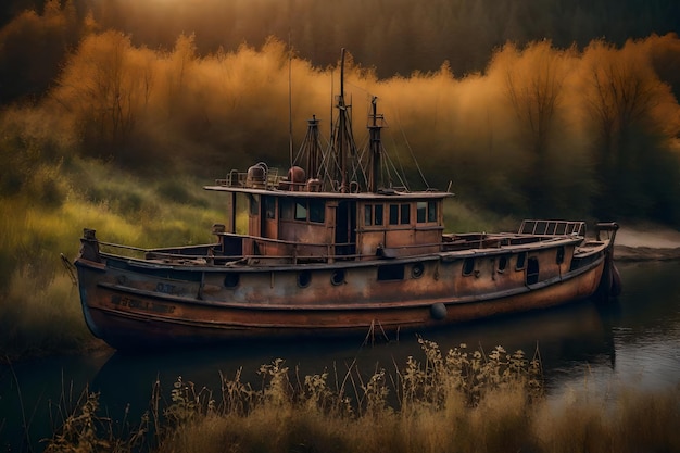 Gratis foto oude roestige vissersboot op de helling langs de oever van het meer