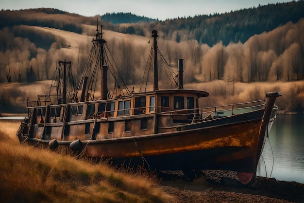 Gratis foto oude roestige vissersboot op de helling langs de oever van het meer