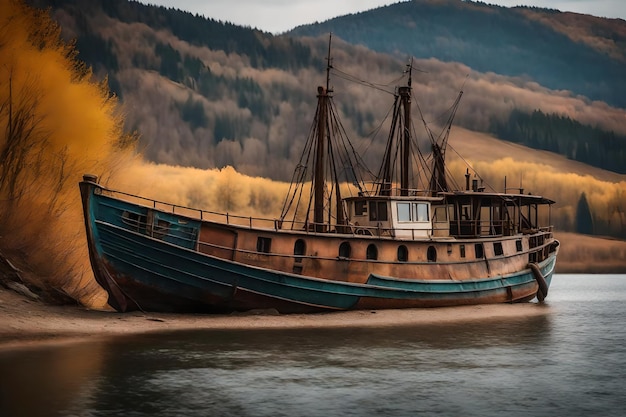 Gratis foto oude roestige vissersboot op de helling langs de oever van het meer