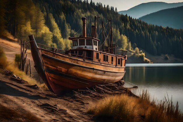 Gratis foto oude roestige vissersboot op de helling langs de oever van het meer