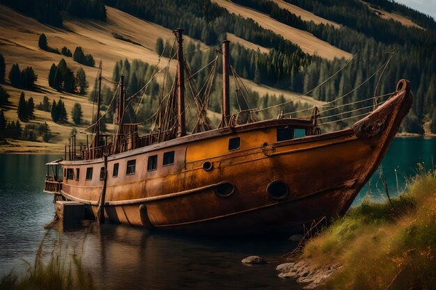 Gratis foto oude roestige vissersboot op de helling langs de oever van het meer