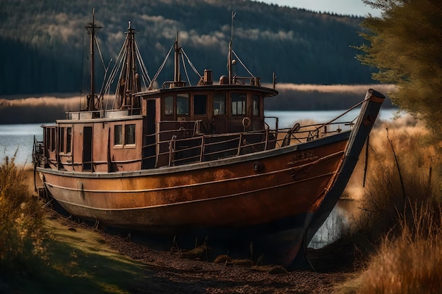 Gratis foto oude roestige vissersboot op de helling langs de oever van het meer