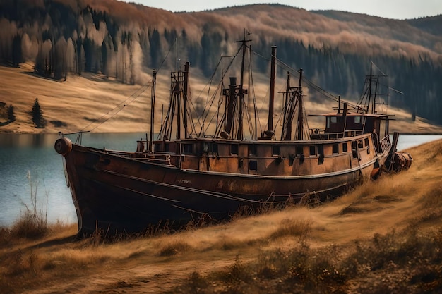 Foto gratis foto oude roestige vissersboot op de helling langs de oever van het meer