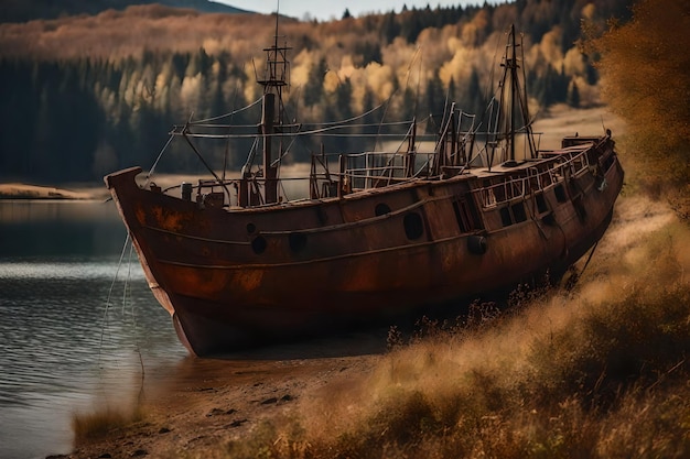 Foto gratis foto oude roestige vissersboot op de helling langs de oever van het meer