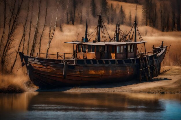 Foto gratis foto oude roestige vissersboot op de helling langs de oever van het meer