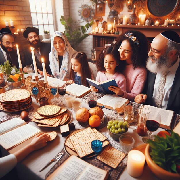Gratis foto plat liggen van mensen die een feest hebben voor de eerste dag van het Pascha Seder