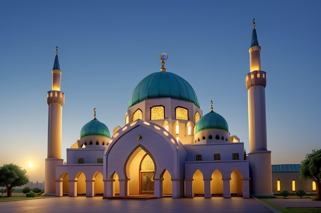 Gratis foto Ramadan Kareem Eid Mubarak Moskee in de avond met zonlicht op de achtergrond