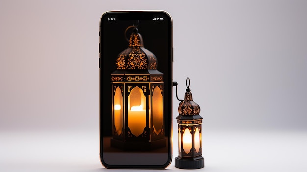 Gratis foto ramadan telefoon 14 met lantaarn op witte achtergrond