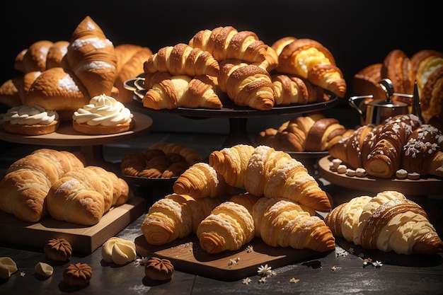 Gratis foto top view gebak en croissants heerlijk heerlijk op de donkere vloer