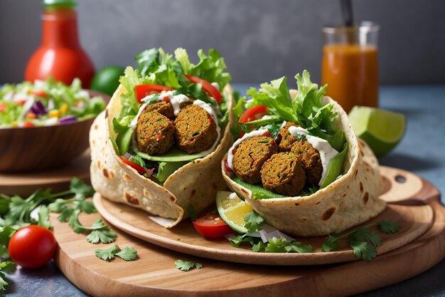 Foto gratis foto tortilla wrap met falafel en verse salade vegan tacos vegetarisch gezond eten