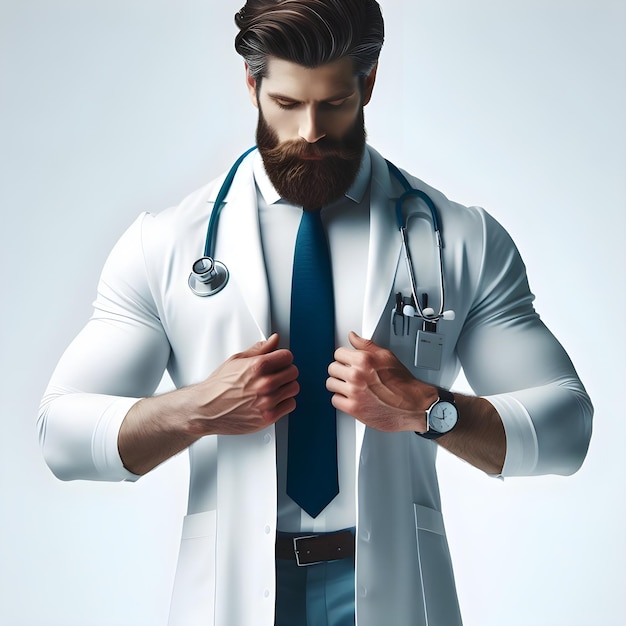 Gratis foto van een zelfverzekerde mannelijke arts die met gekruiste armen tegen een witte achtergrond staat