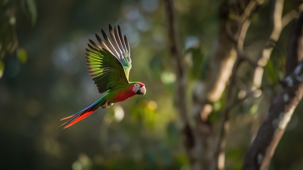 Gratis foto van papegaai in het wild die in een jungle vliegt