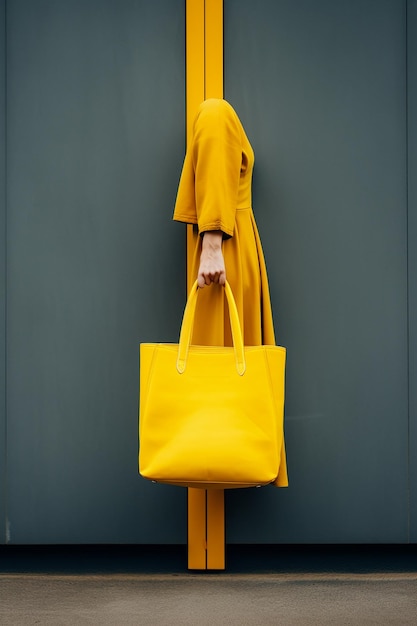 Gratis foto vrouw met een gele draagtas in haar hand