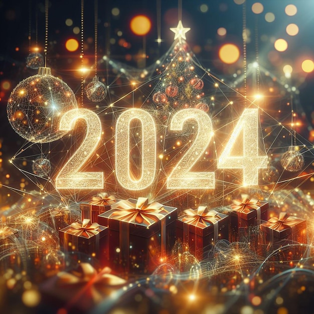 Gratis Happy New Year achtergrond binnen Bokeh Light en de 2024 Text achtergrond