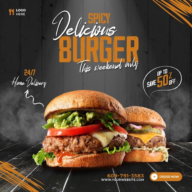 GRATIS PSD Realistic Delicious food burger sociale media Post sjabloon