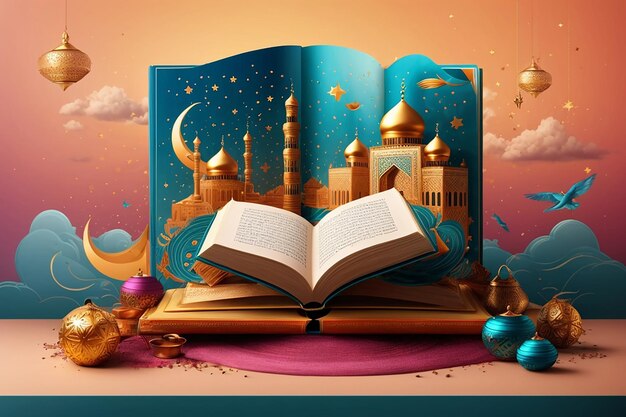 Gratis vector eid mubarak het heilige boek van de koran op de stand met de hand getekende schets vector illustratio