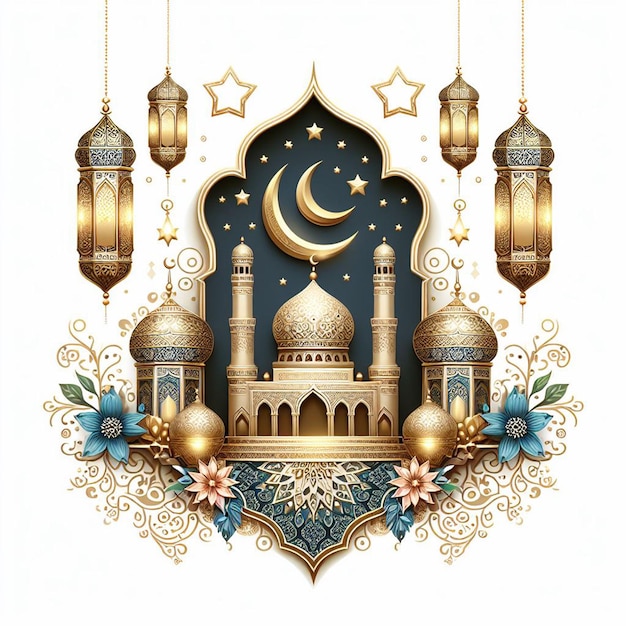 Gratis vector ramadan kareem islamitische maan en moskee hangende lampen kaartontwerp Verwante tags eid mubara