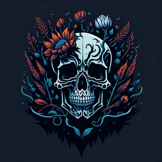 Gratis vectorillustratie van schedel en bloemen op t-shirt