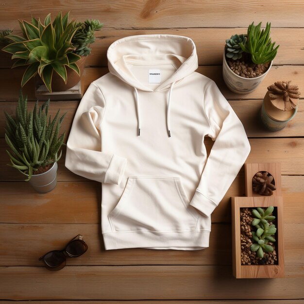 Gratis voor mockup blanke witte hoodie met natuurplant op houten achtergrond