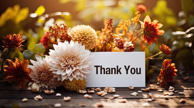 사진 shine generative ai로 강화된 꽃으로 둘러싸인 나무 테이블에 감사를 표현하는 감사 카드