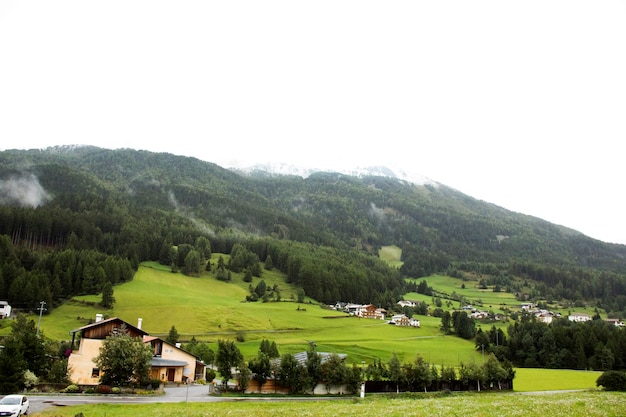 Graun im Vinschgau village near Submerged tower of reschensee church deep in Resias Lake in TrentinoAlto valley in South Tyr or Alto Adige in Bolzano or bozen city at Italy