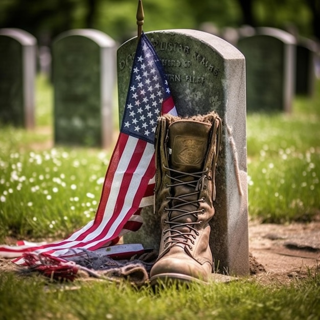 A grave with a boot and a flag