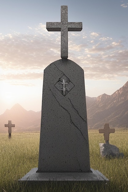 A grave with a cross on it and a mountain in the background