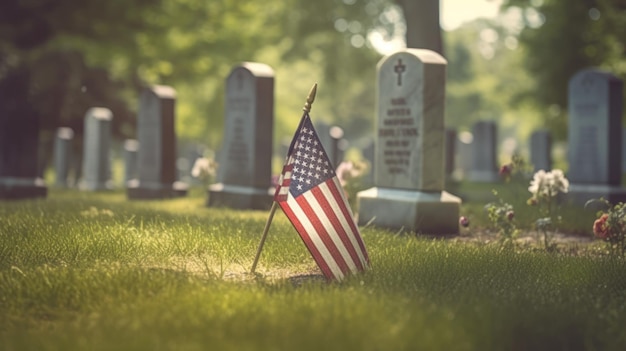 A grave with a flag in the grass