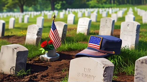 a grave with a flag and a grave marker with a flag on it