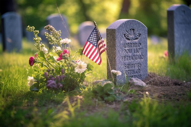 Photo a grave with a flag and a small american flag