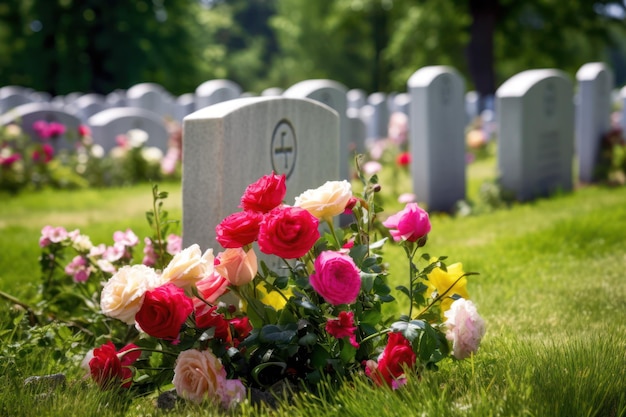 A grave with flowers in the foreground and a number of other graves in the background.