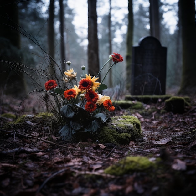 a grave with flowers in the middle of a forest