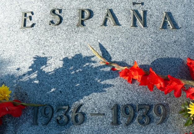 A grave with a red flower on it