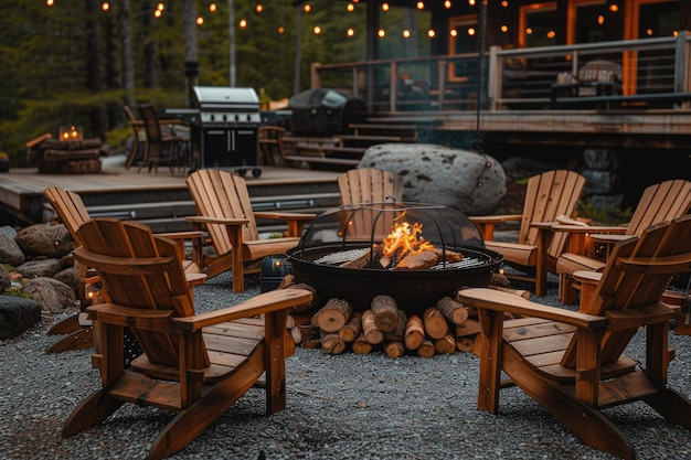 gravel area with wooden stick folding chairs and fire pit on modern contemporary steel cabin style inspiration ideas