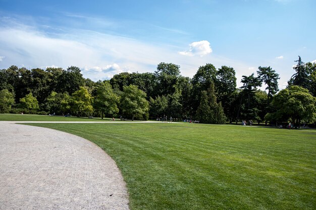 芝生と緑の木の間にある公園の砂利の道