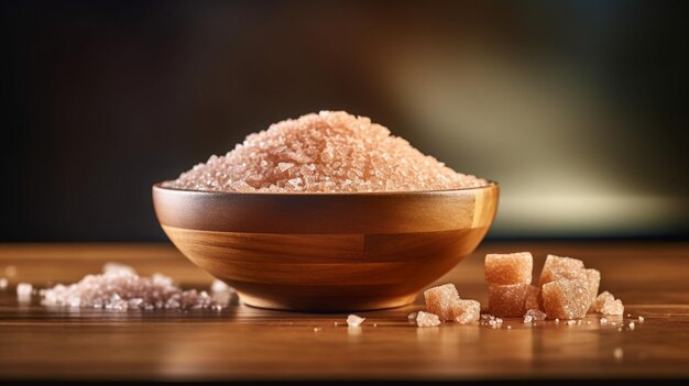 gravel sugar in wood bowl on wood table