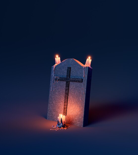 gravestone with a burnt wooden cross and candles burning on it with spilled wax on a dark studio background 3d rendering