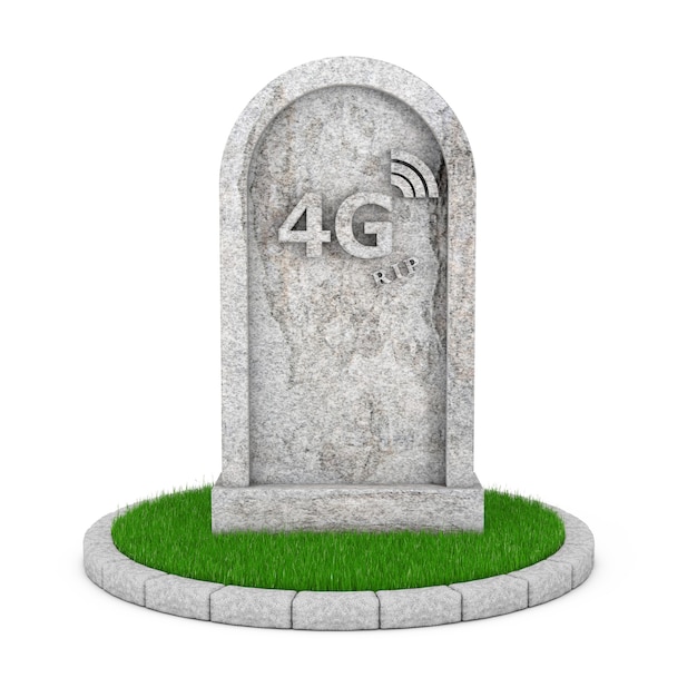 RIP4Gセルラーテクノロジーを搭載した墓石は白い背景にサインします。 3Dレンダリング