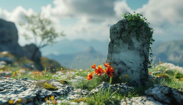 a gravestone with the word rip on it on a hill