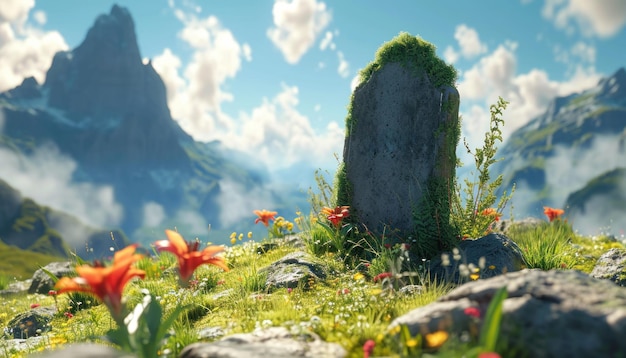 a gravestone with the word rip on it on a hill