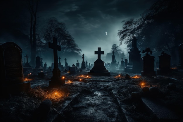 Photo gravestones in the cemetery at night halloween concept