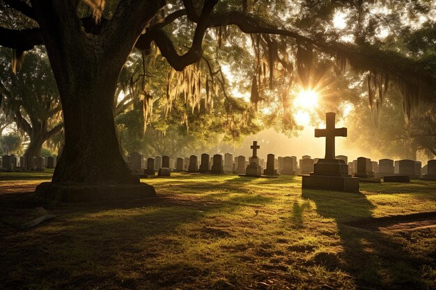 Gravestones in a cemetery at sunrise