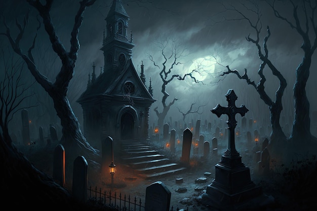 A graveyard artwork for a Halloween theme on an eerie gloomy night