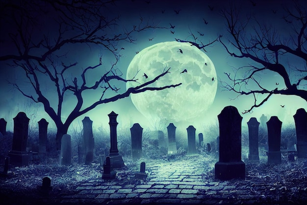 Graveyard cemetery to castle In Spooky scary dark Night full moon and bats on dead tree Halloween background concept Digital illustration